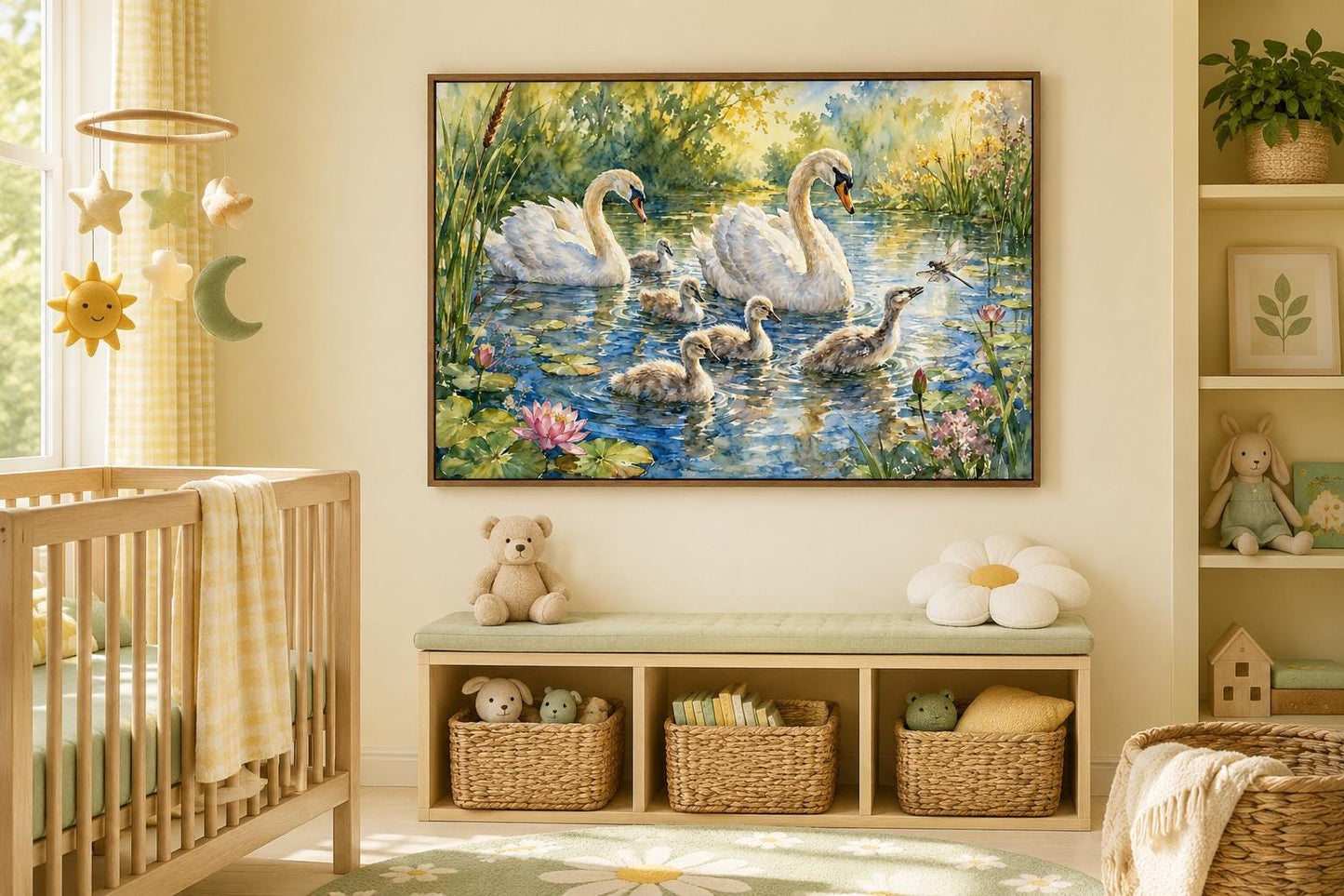 Swan Family with Baby Cygnets Nursery Wall Decor For Kids Room Canvas Wall Art