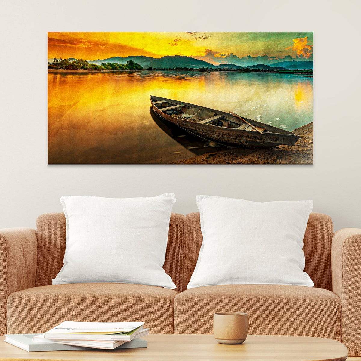 Abandoned Boat By The River At Sunset Wall Art