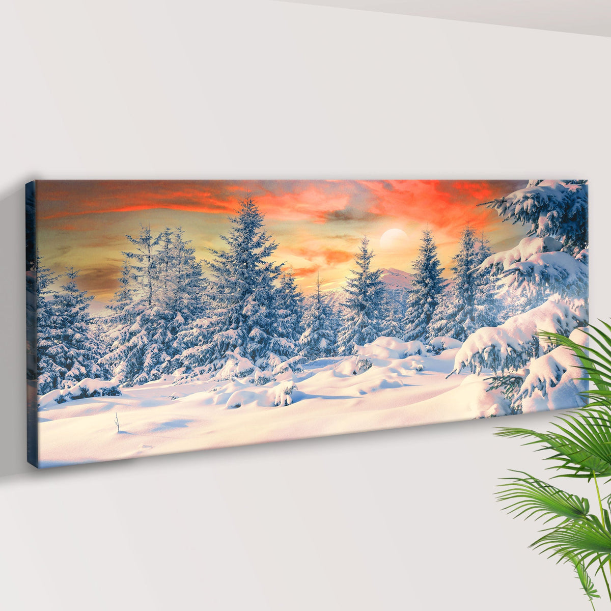 Sunset At Winter Forest Canvas Wall Art