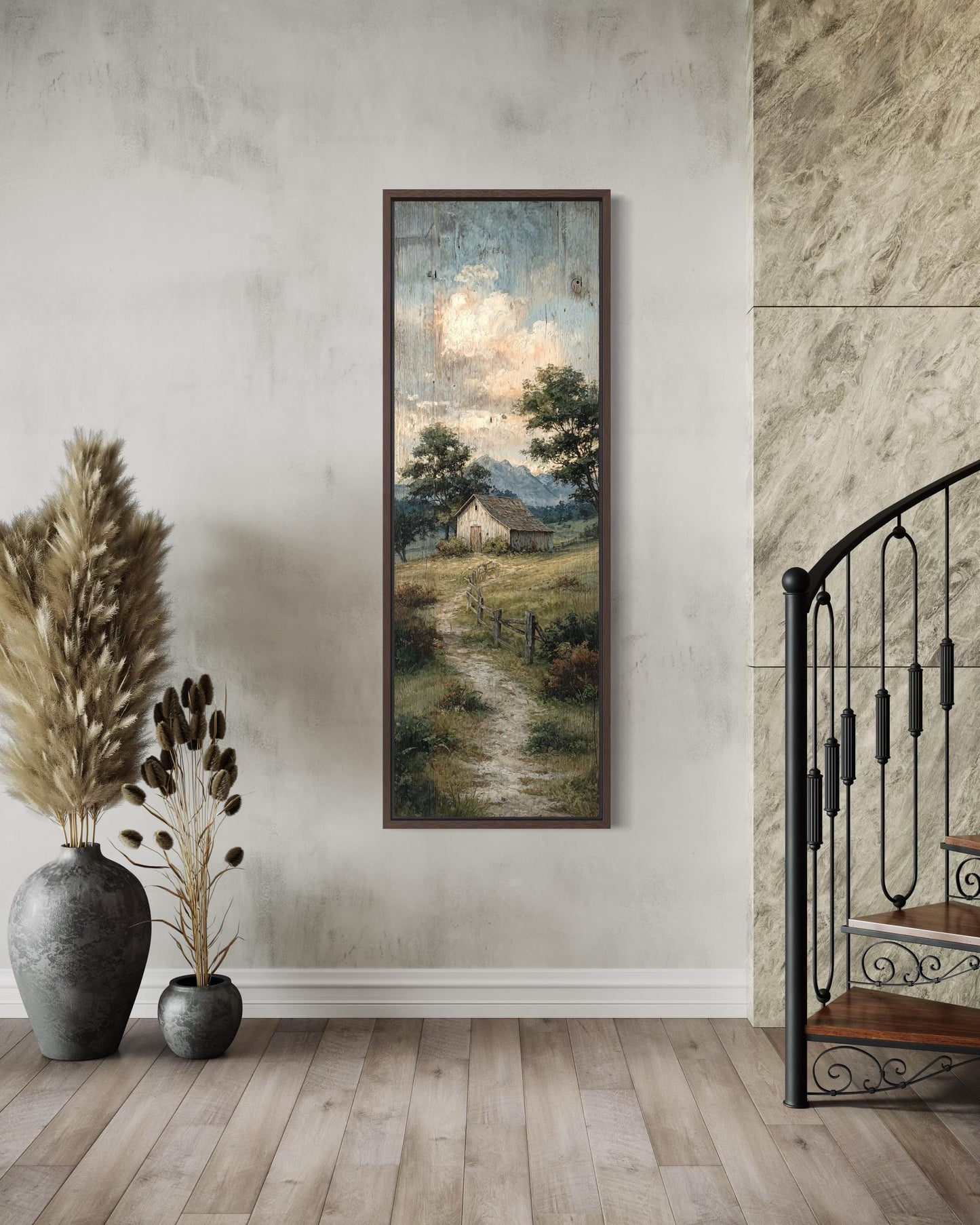 Tall Narrow Barn With Rustic Country Path Landscape Wall Art For Farmhouse Decor
