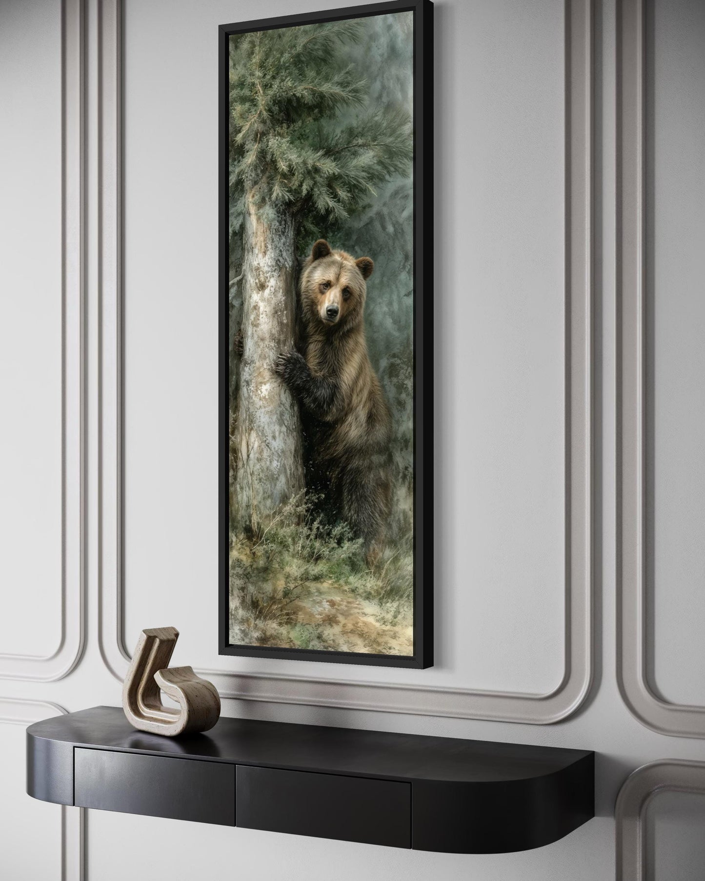 Tall Narrow Brown Bear Hugging Pine Tree in Forest Canvas Wall Art