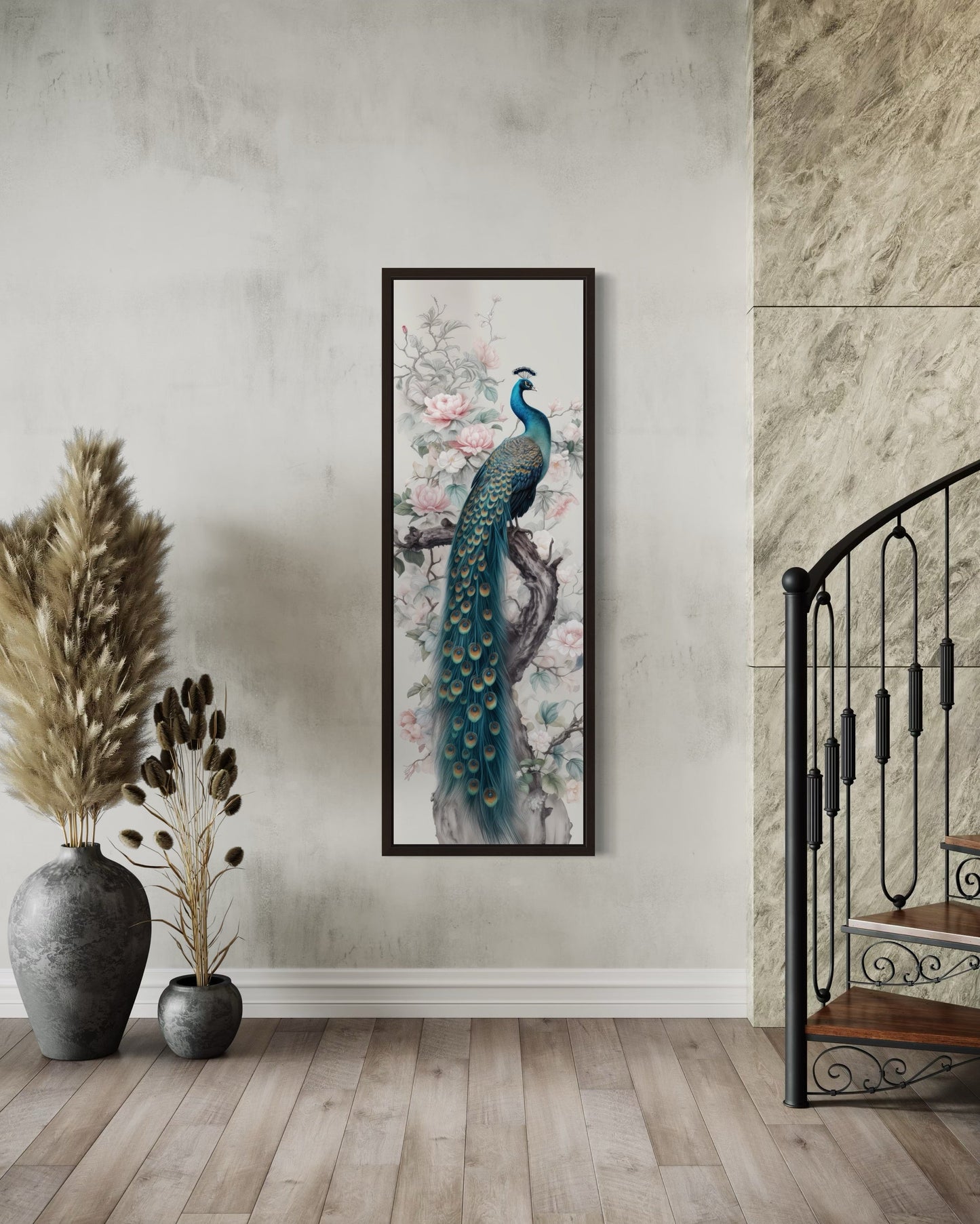Tall Narrow Chinoiserie Peacock Vertical Framed Canvas Wall Art