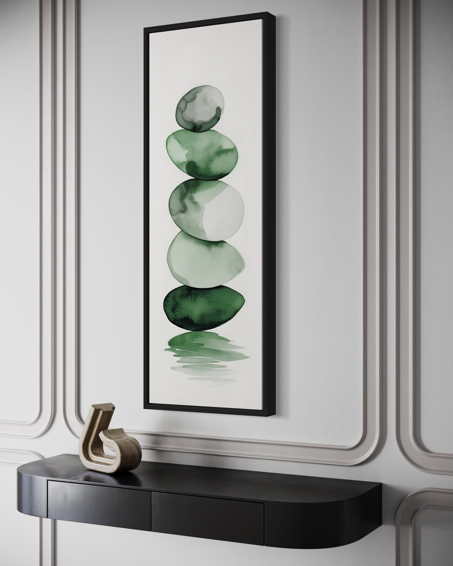 Tall Narrow Forest Green White Stacked Rocks Vertical Framed Canvas Wall Art