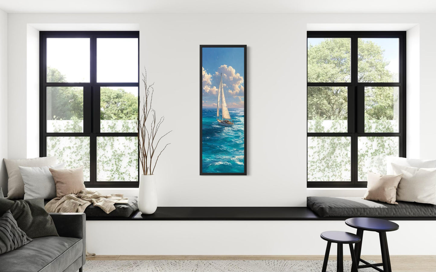Tall Narrow Sailboat Ocean Wall Art - Vertical Coastal Canvas Print | Nautical Artwork