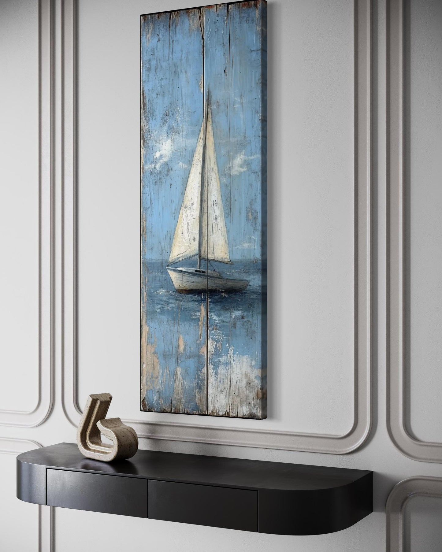 Tall Narrow Vertical Rustic Sailboat Coastal Framed Canvas Wall Art