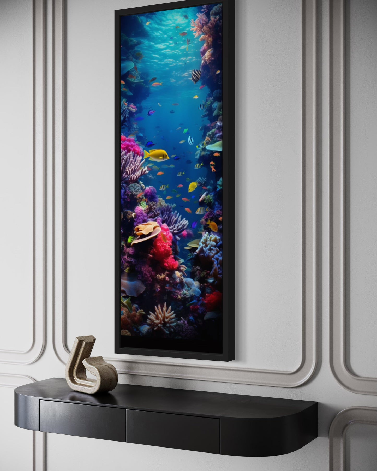 Tall Narrow Vertical Underwater Coral Reef With Tropical Fish Framed Canvas Wall Art