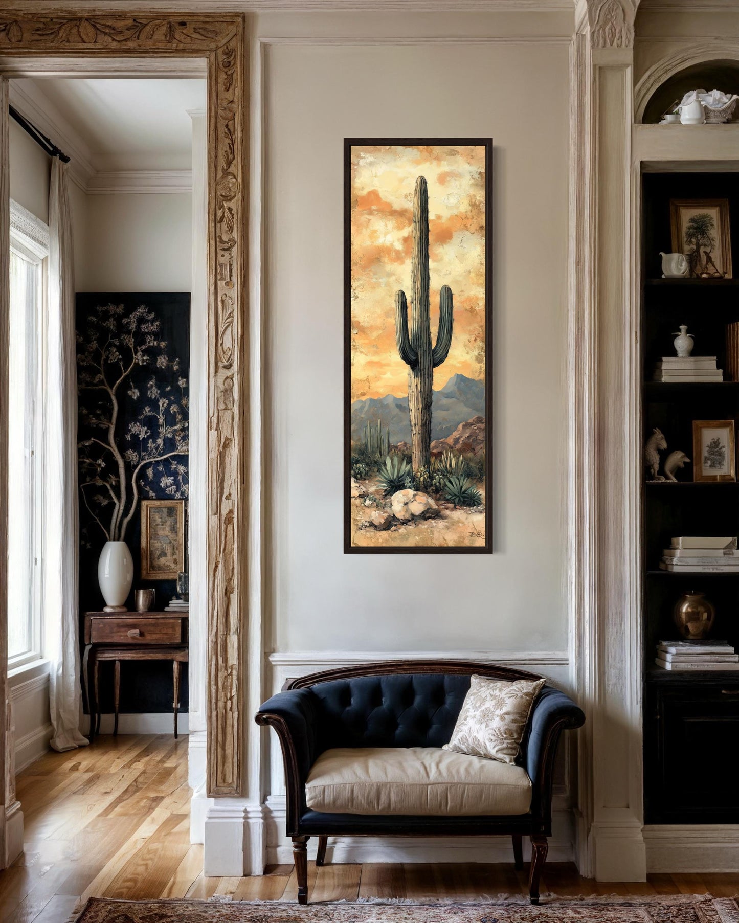 Tall Vertical Narrow Rustic Saguaro Cactus Framed Canvas Wall Art