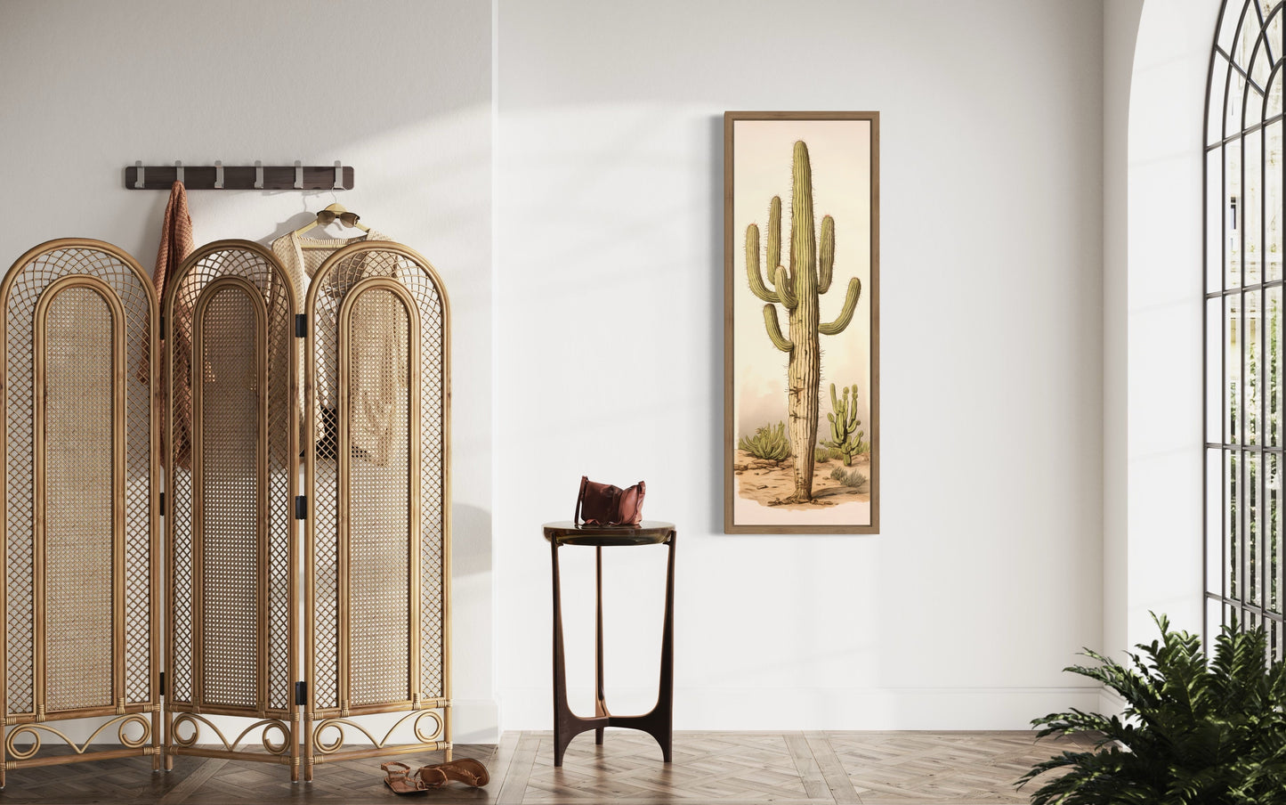 Tall Vertical Saguaro Cactus Neutral Slim Framed Canvas Wall Art
