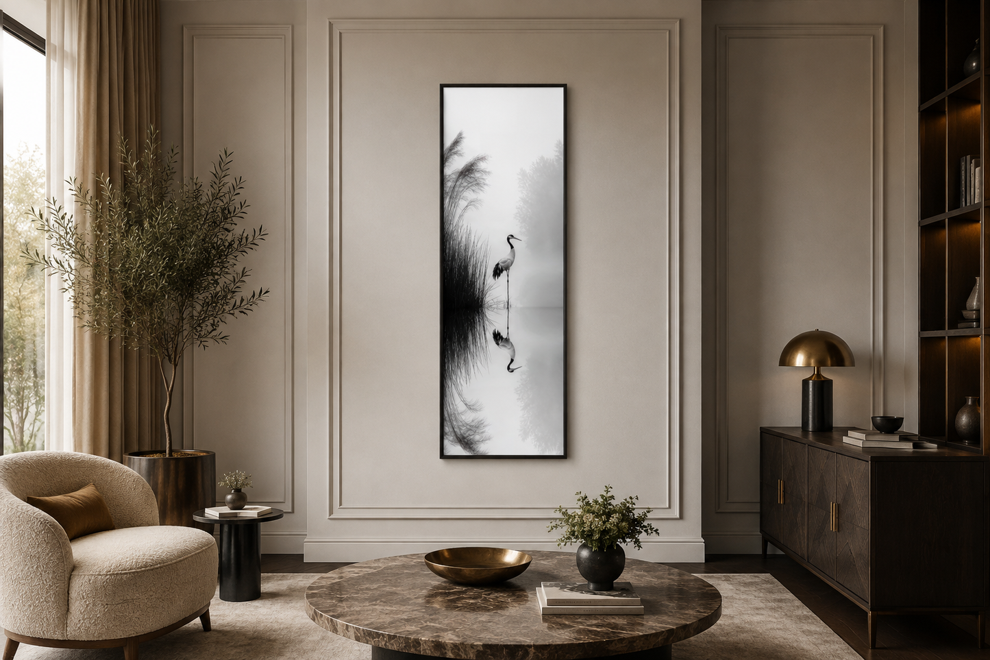 Tall Narrow Black White Japanese Crane Wall Art Zen Decor