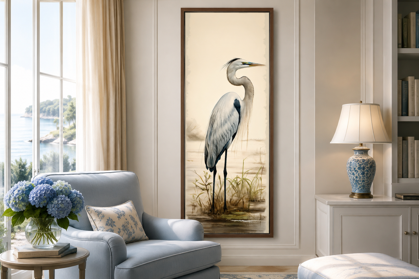 Tall Narrow Great Egret Framed Canvas Wall Art