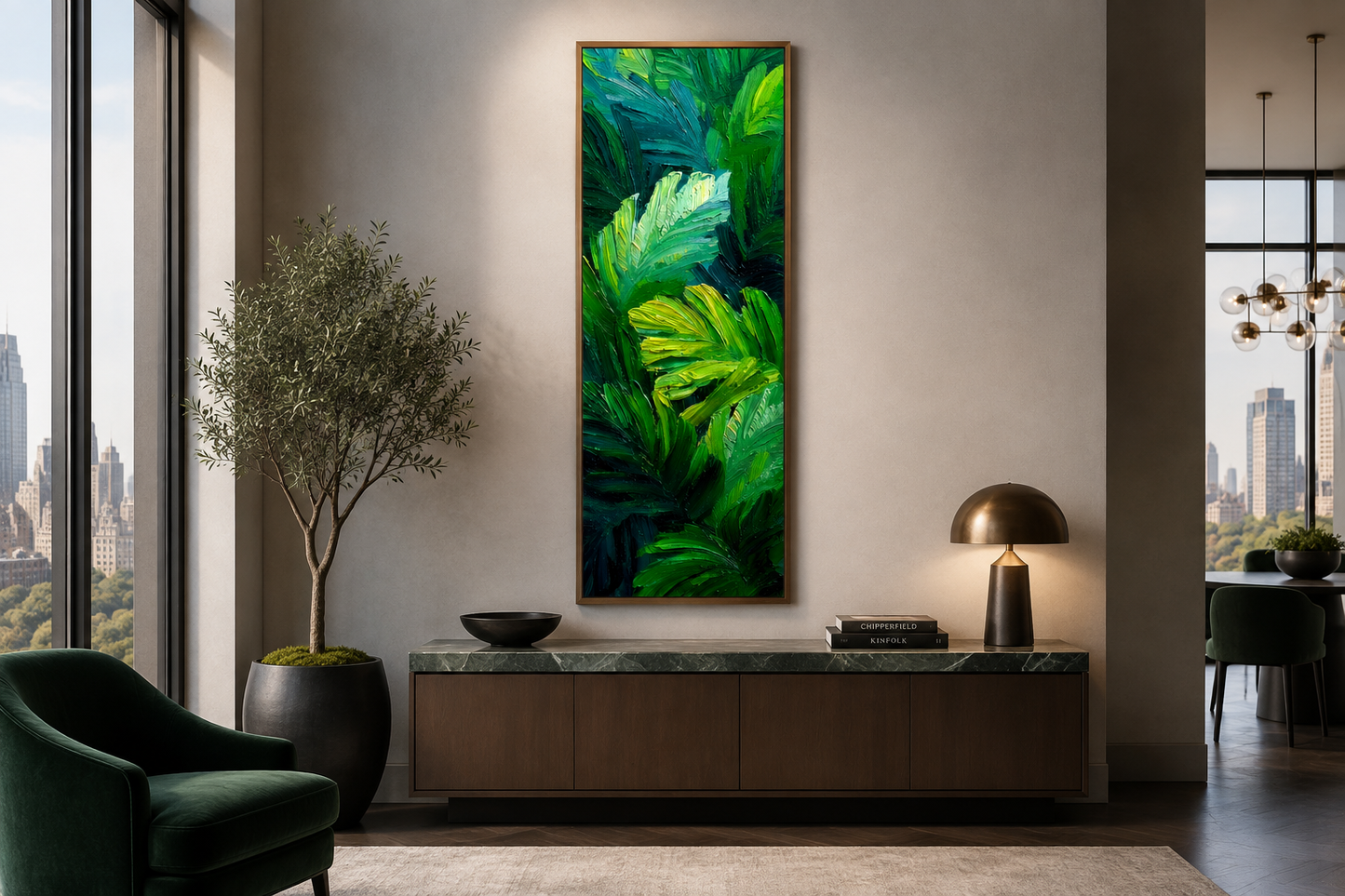 Tropical Leaves Wall Art | Vertical Jungle Botanical Painting on Narrow Canvas Print