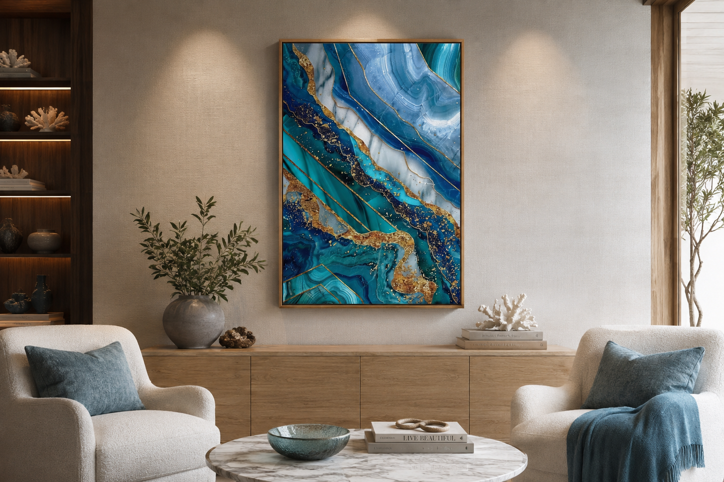 Teal Gold Abstract Marble Living Room Framed Canvas Wall Art