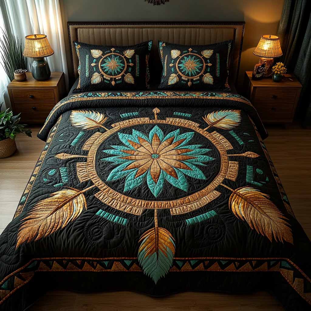 Teal Sunburst Harmony 3-Piece Quilted Bedding Set - Single (59" x 70")