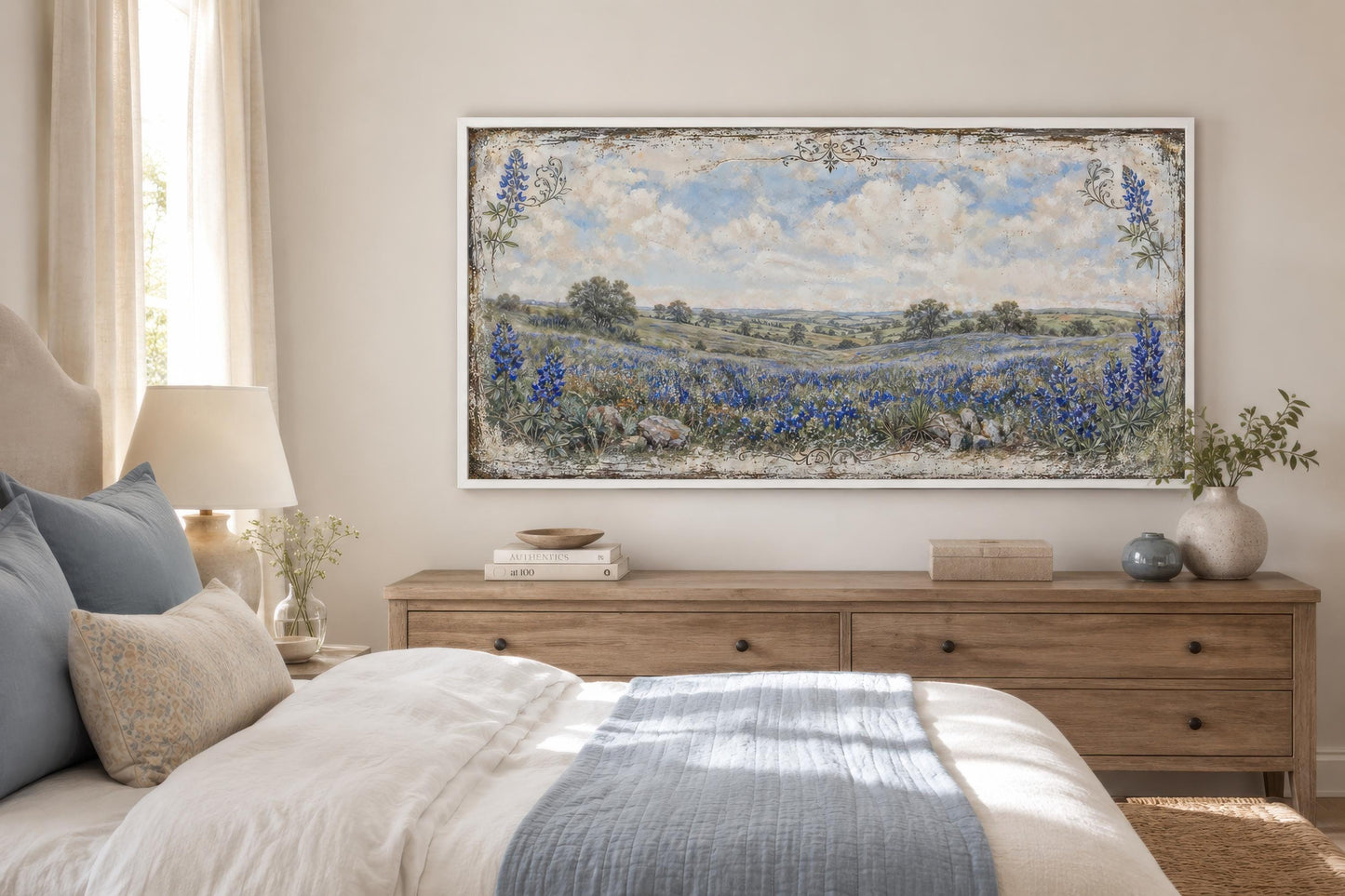 Texas Bluebonnet Wall Art – Vintage Wildflower Landscape Canvas Print, Hill Country Painting