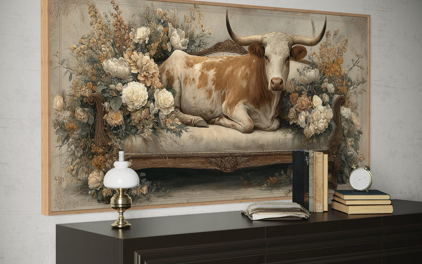 Texas Longhorn Cow on Couch Floral Canvas Wall Art