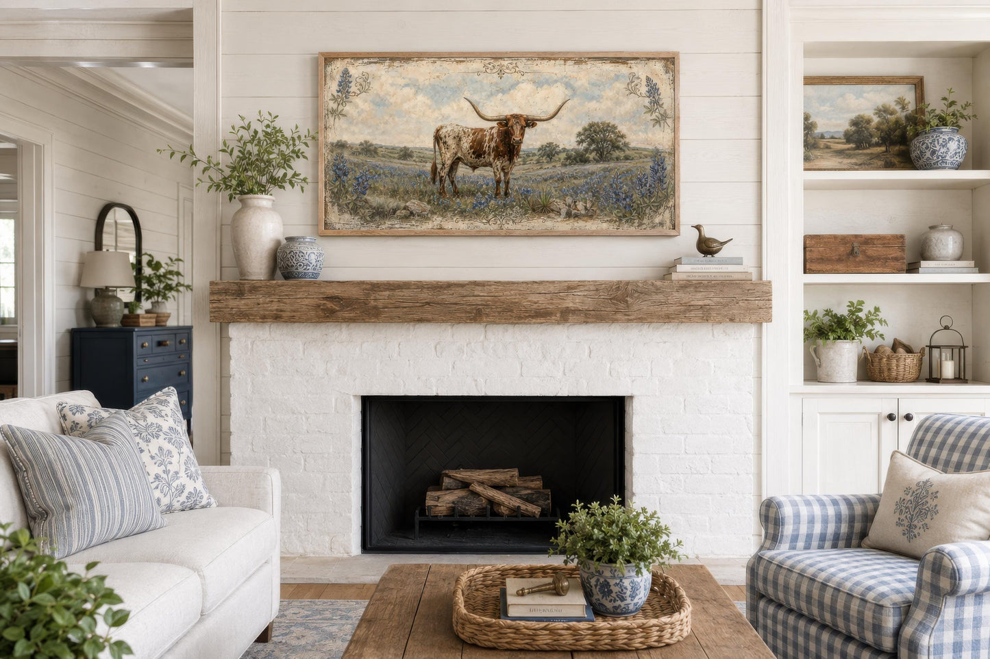Texas Longhorn Wall Art | Farmhouse Canvas Print Featuring Bluebonnet Rustic Decor