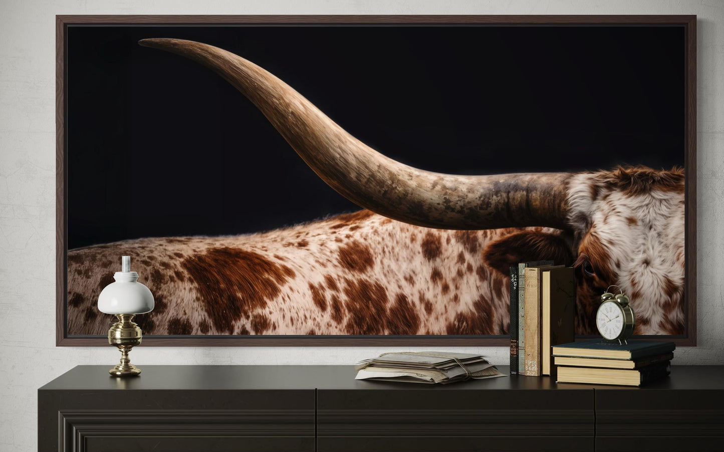 Texas Longhorn Wall Art - Rustic Farmhouse Decor | Panoramic Longhorn Horn Canvas Print