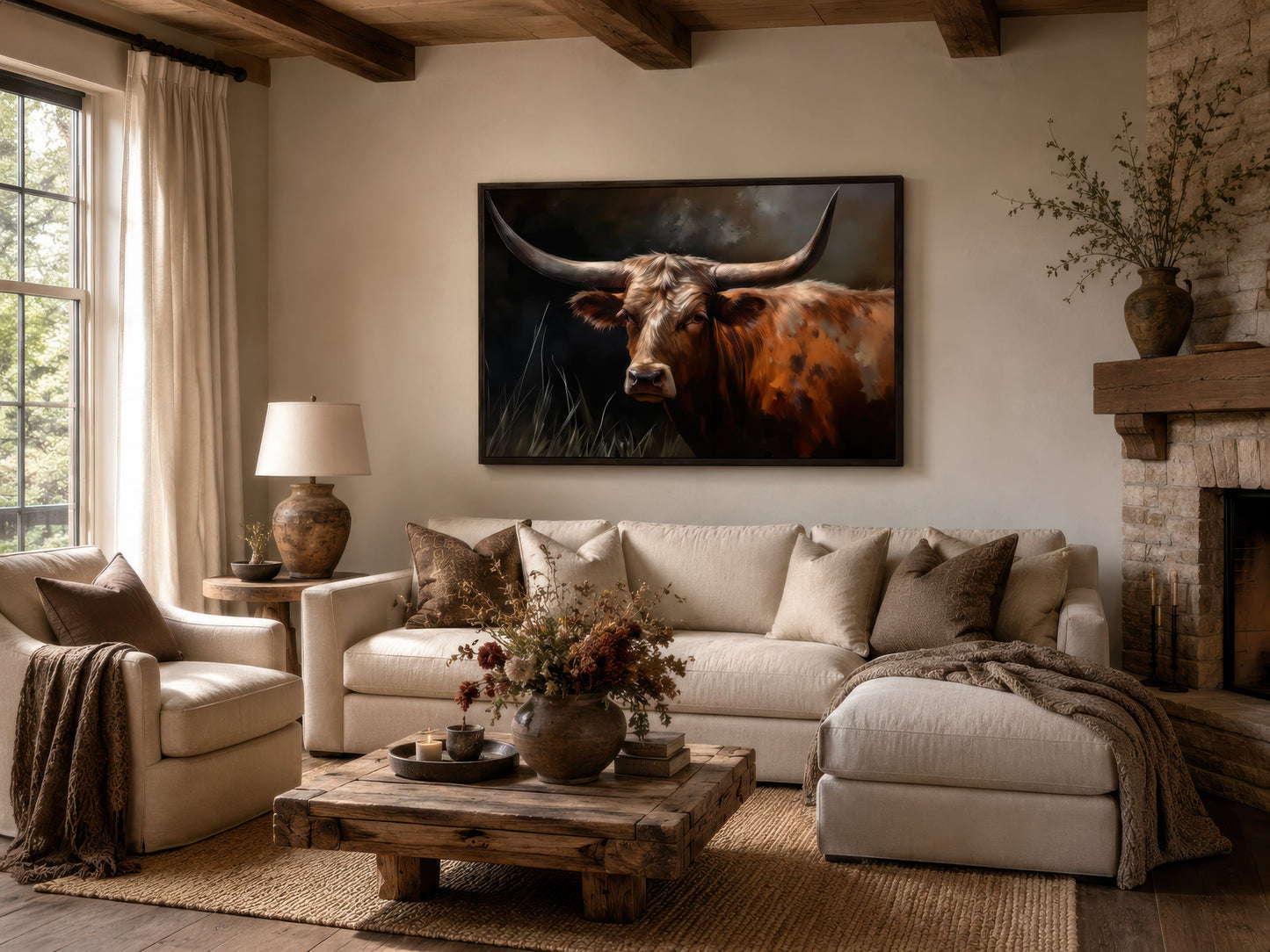 Brown Beautiful Texas Longhorn Cow Framed Canvas Wall Art