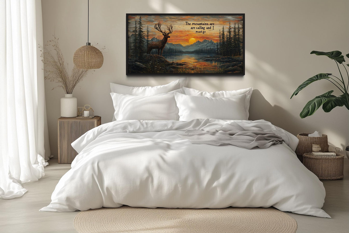 The Mountains Are Calling With Elk And Sunset Framed Canvas Wall Art