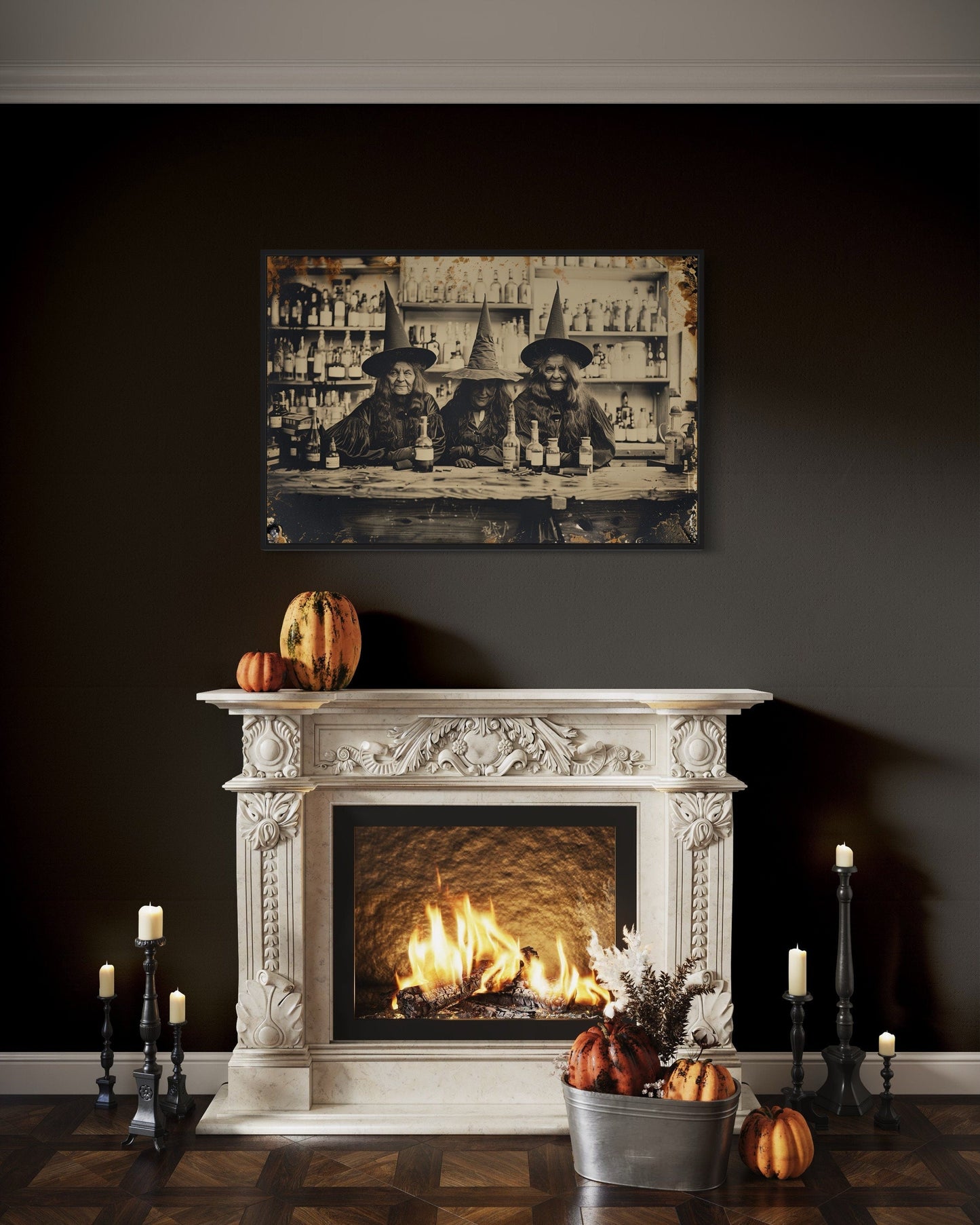 Three Old Witches In Vintage Apothecary Antique Photograph Halloween Wall Art