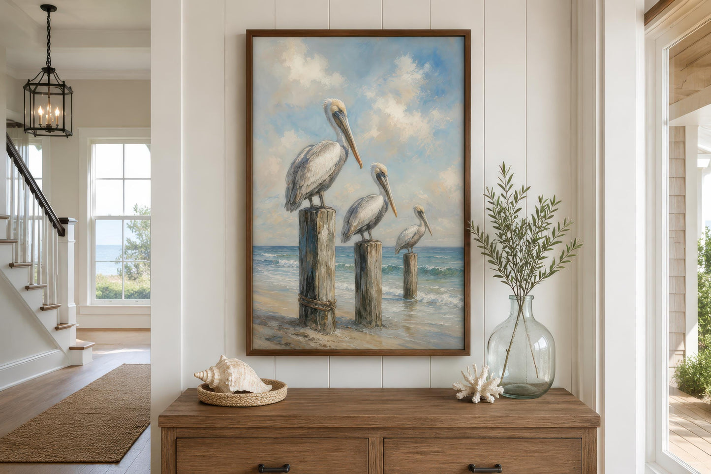 Three Pelicans on Dock Posts Coastal Canvas Wall Art | Beach House Decor