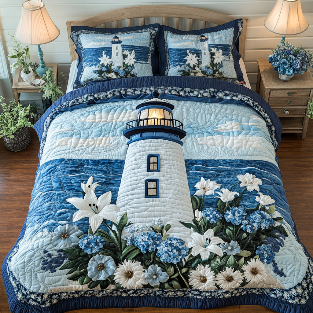 Tranquil Lighthouse 3-Piece Quilted Bedding Set - Single (59" x 70")