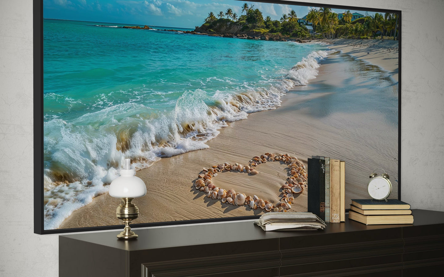 Tropical Beach With Heart Shaped Seashells Romantic Framed Canvas Wall Art