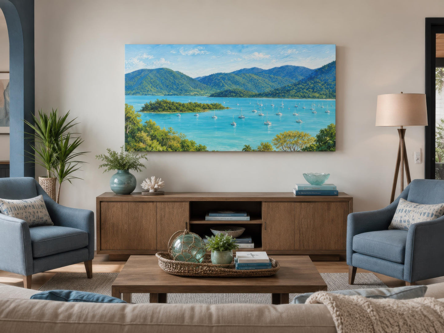 Tropical Coastal Canvas - Turquoise Bay Sailboat Wall Decor with Lush Green Islands