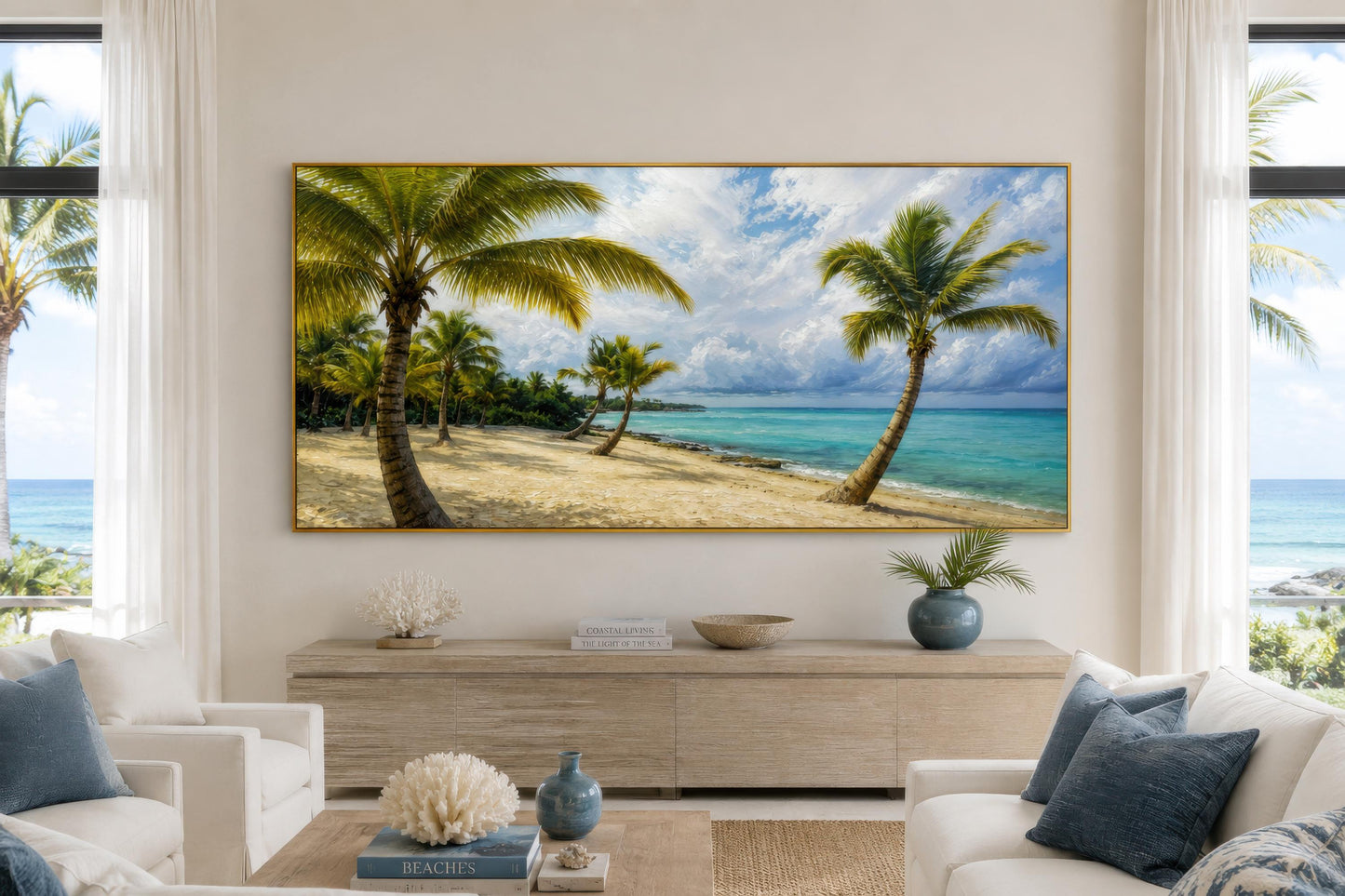 Tropical Palm Tree Wall Art - Coastal Beach Painting | Horizontal Canvas Print