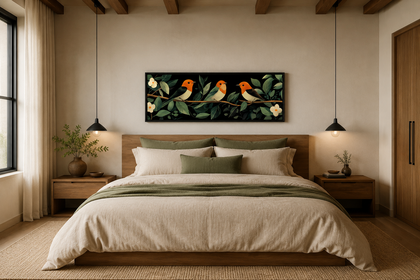 Tropical Birds Wall Art – Colorful Bird Canvas Print | Jungle Wildlife Artwork Above Bed Green Wall Art