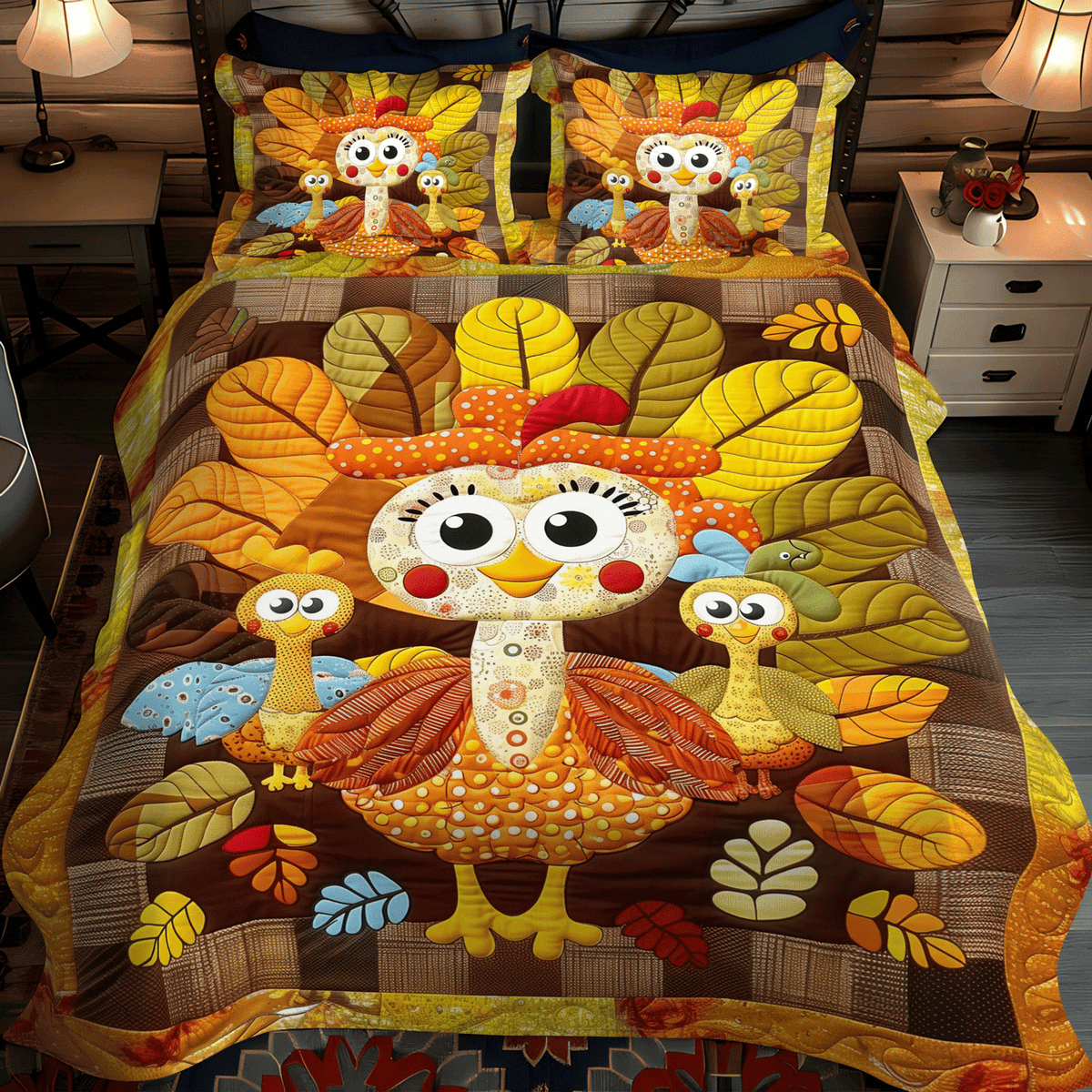 Turkey Playtime 3-Piece Quilted Bedding Set - Single (59" x 70")