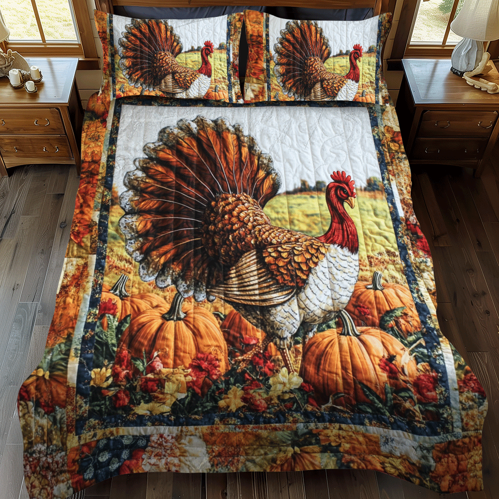 Turkey Thanksgiving Festive 3-Piece Quilted Bedding Set - Single (59" x 70")