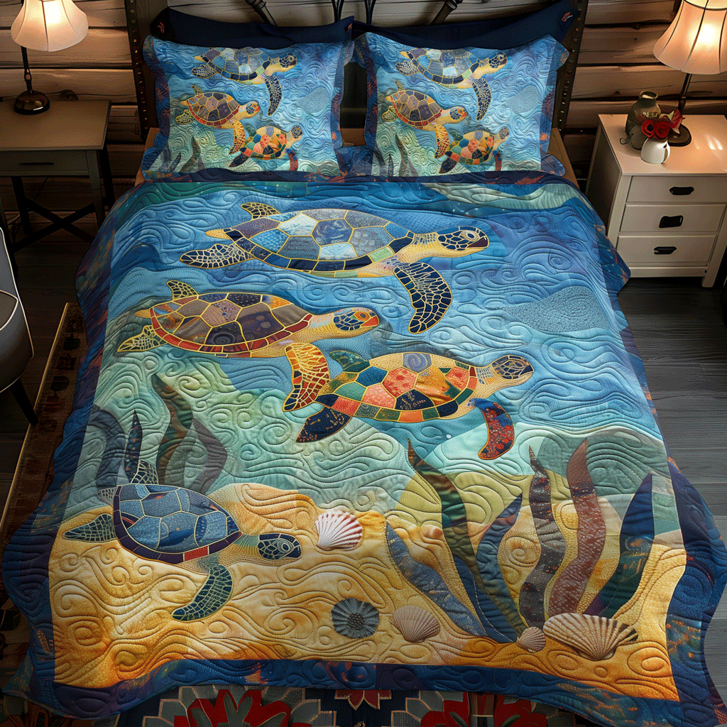 Turtle Harmony 3-Piece Quilted Bedding Set - Single (59" x 70")
