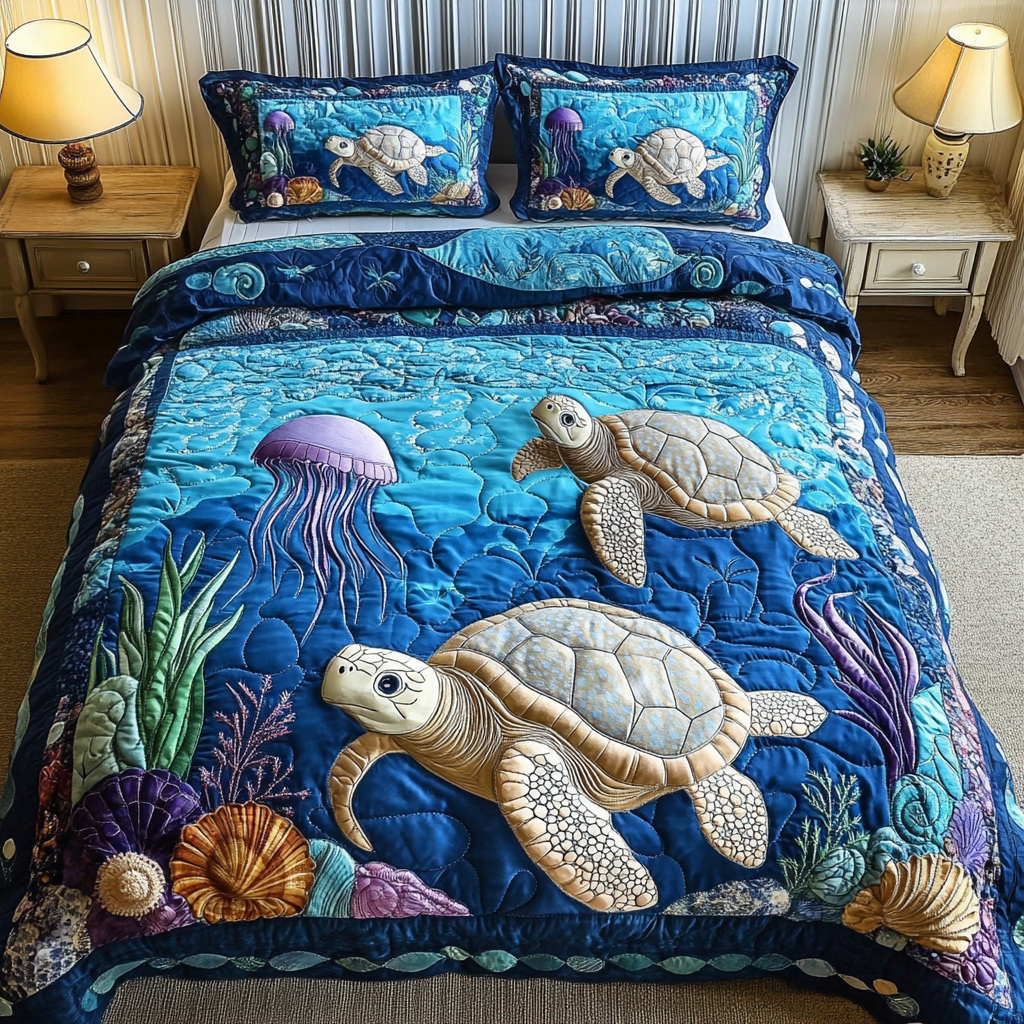 Turtle Tranquil 3-Piece Quilted Bedding Set - Single (59" x 70")