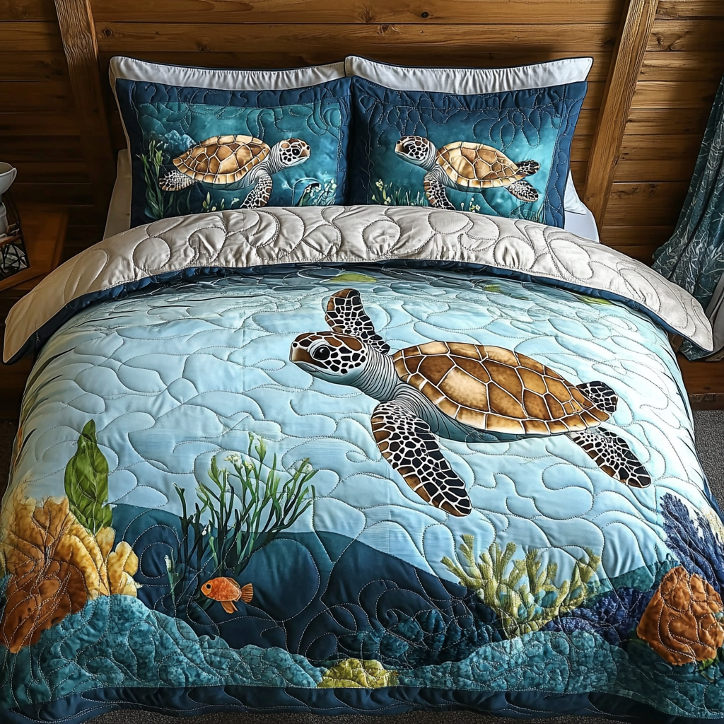 Turtle Voyage 3-Piece Quilted Bedding Set - Single (59" x 70")