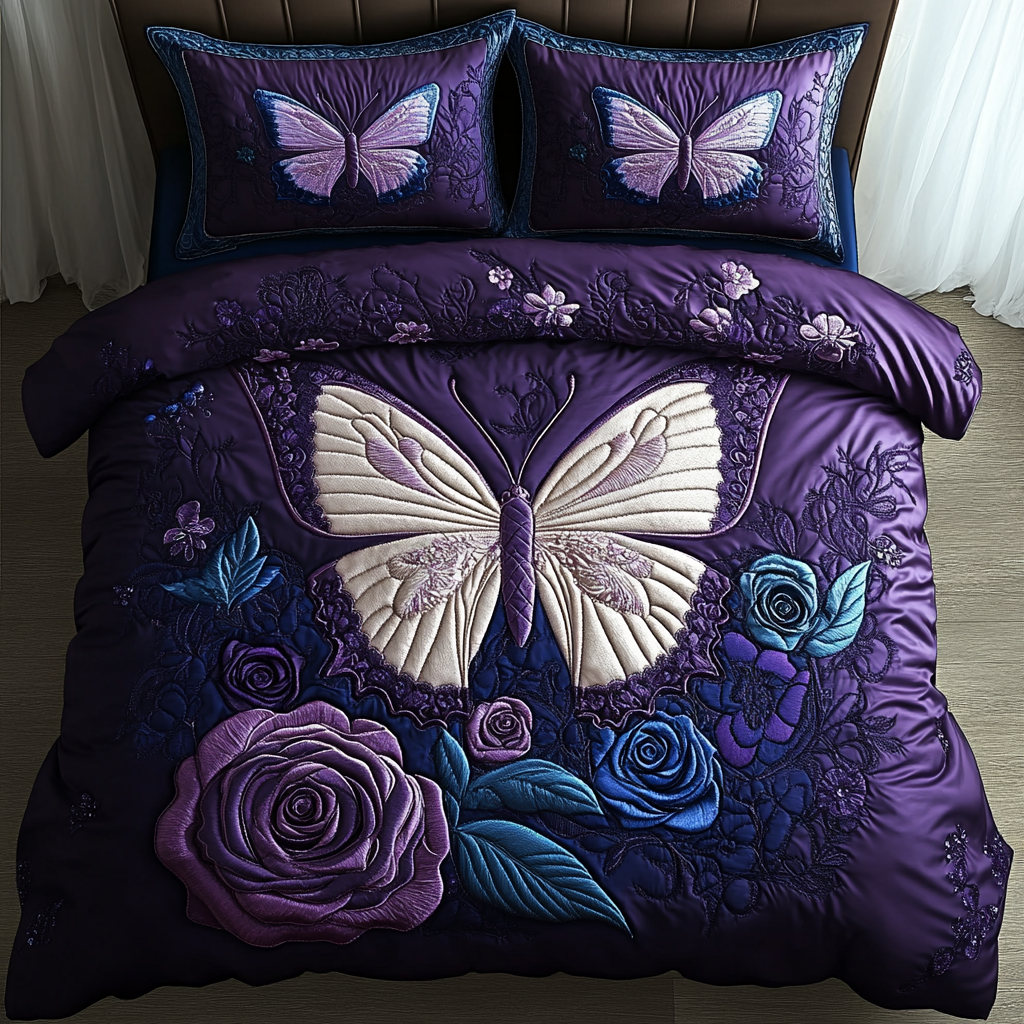 Twilight Butterfly Rose 3-Piece Quilted Bedding Set - Single (59" x 70")