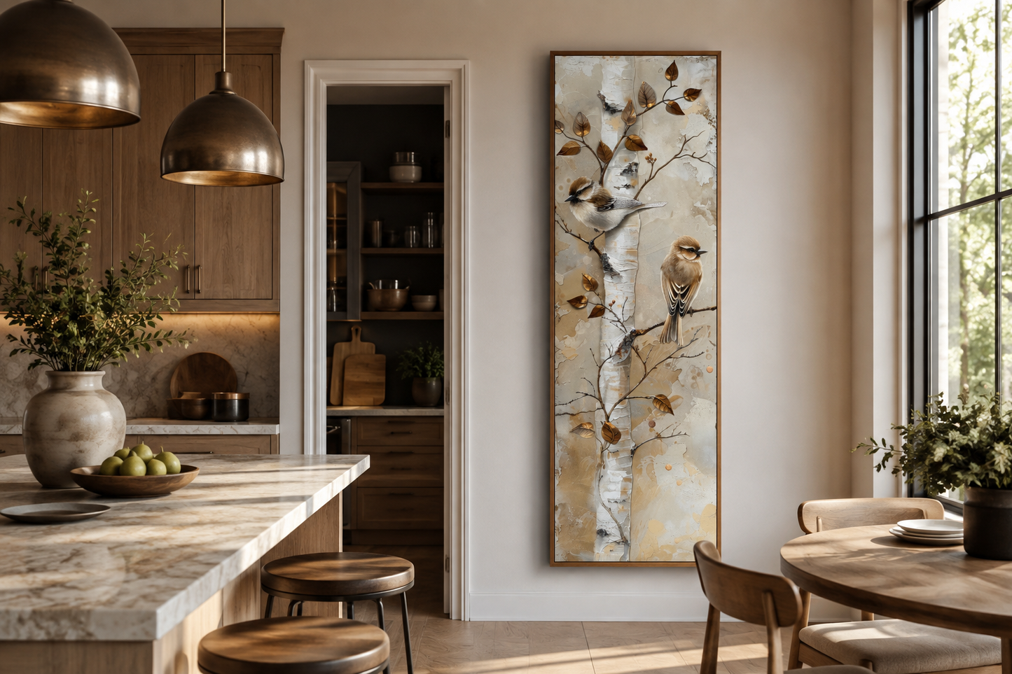 Birds on Birch Tree Long Narrow Vertical Wall Art