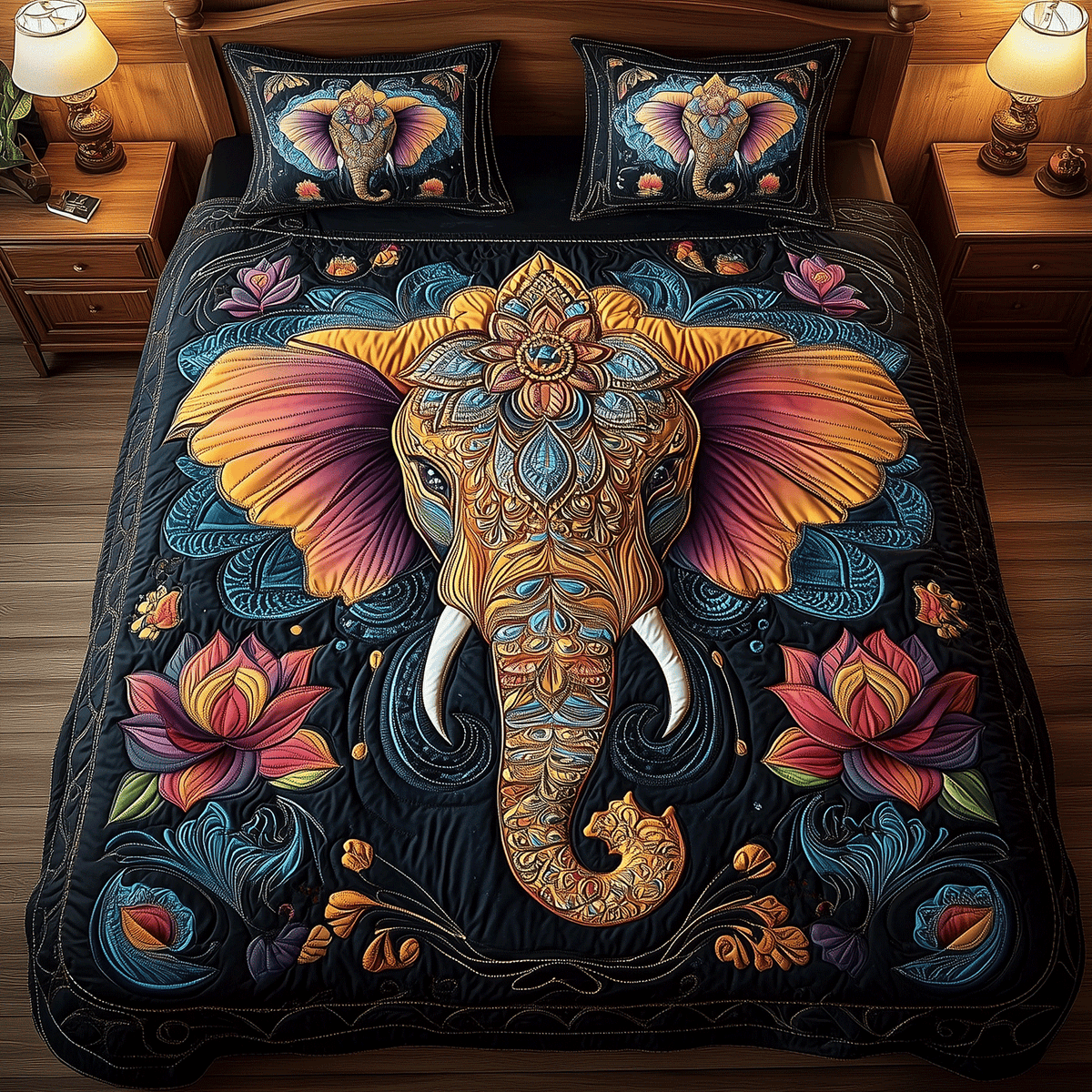 Vibrant Elephant Elegance 3-Piece Quilted Bedding Set - Single (59" x 70")