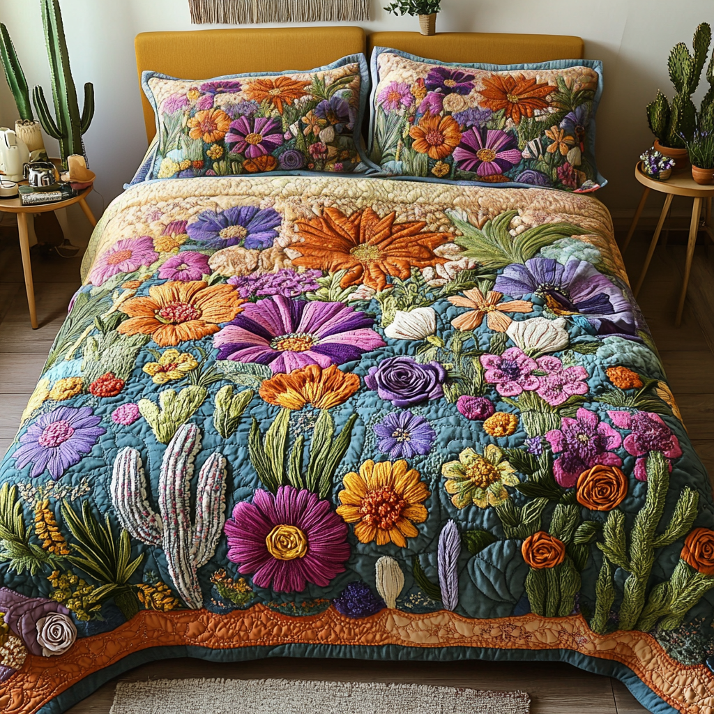 Vibrant Blooms 3-Piece Quilted Bedding Set - Single (59" x 70")