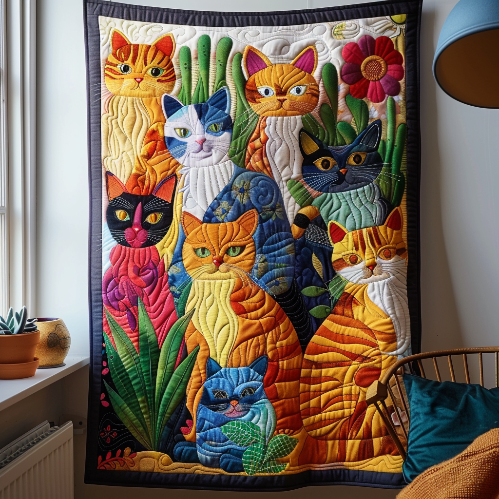 Vibrant Cat-Themed Quilted Blanket - Throw (55" x 60")
