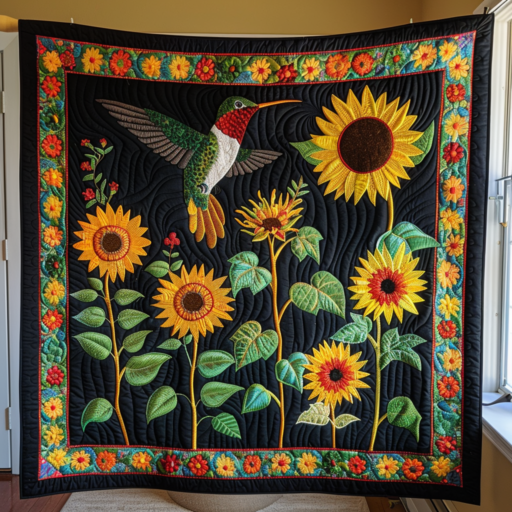 Vivid Hummingbird And Floral Quilted Blanket - Throw (55" x 60")