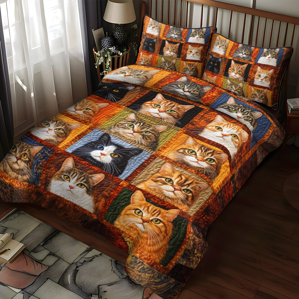 Whimsical Cat Patterned 3-Piece Quilted Bedding Set - Single (59" x 70")