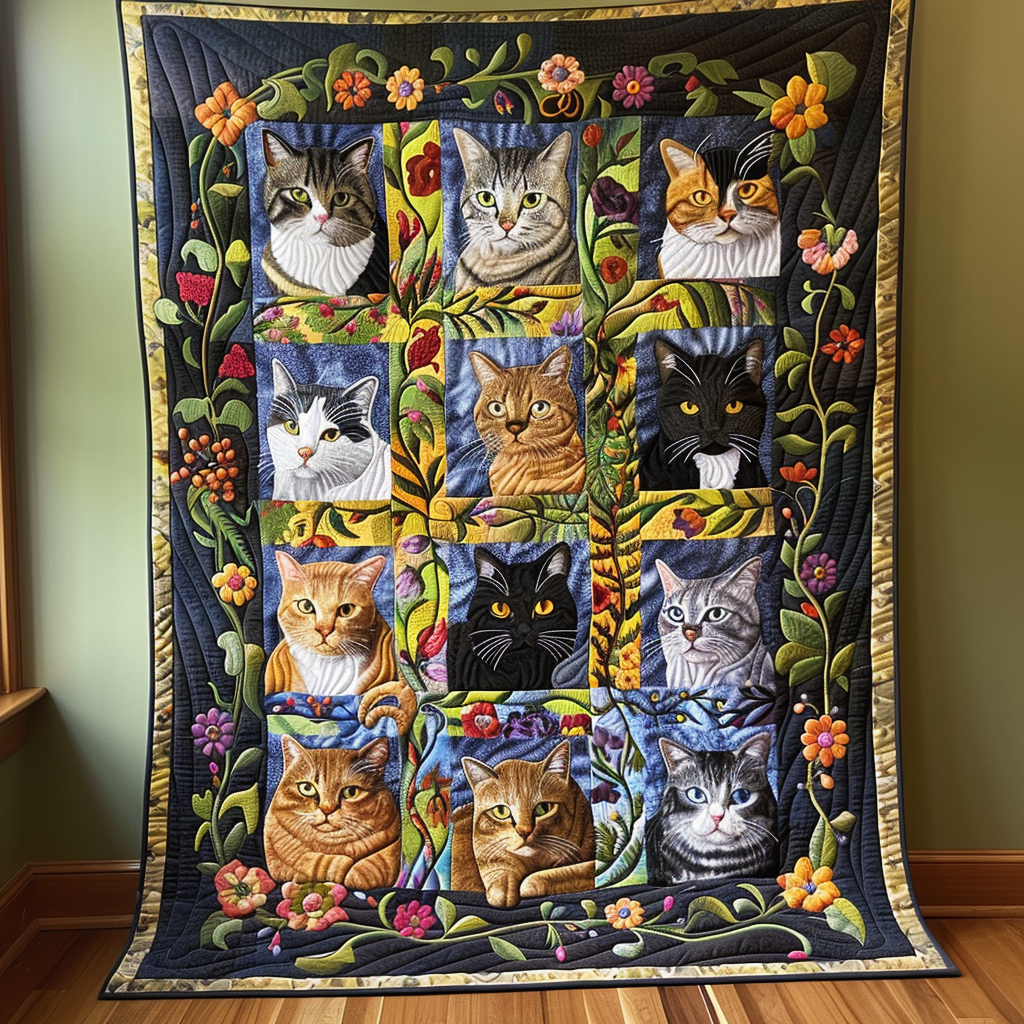 Whimsical Cat Quilted Blanket - Throw (55" x 60")