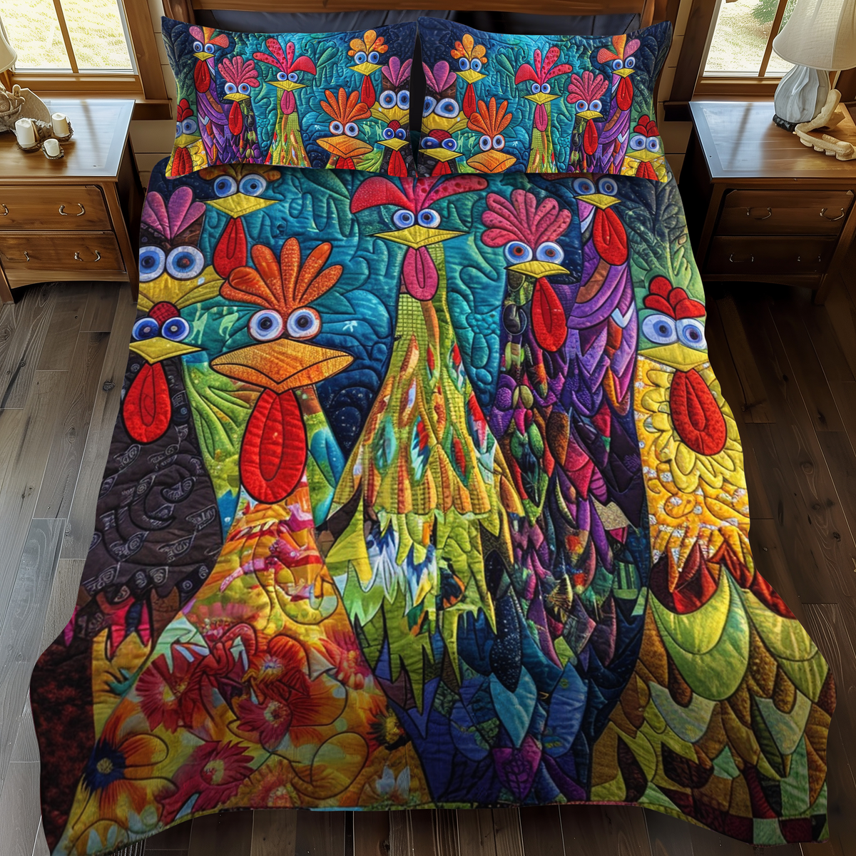 Whimsical Chickens 3-Piece Quilted Bedding Set - Single (59" x 70")