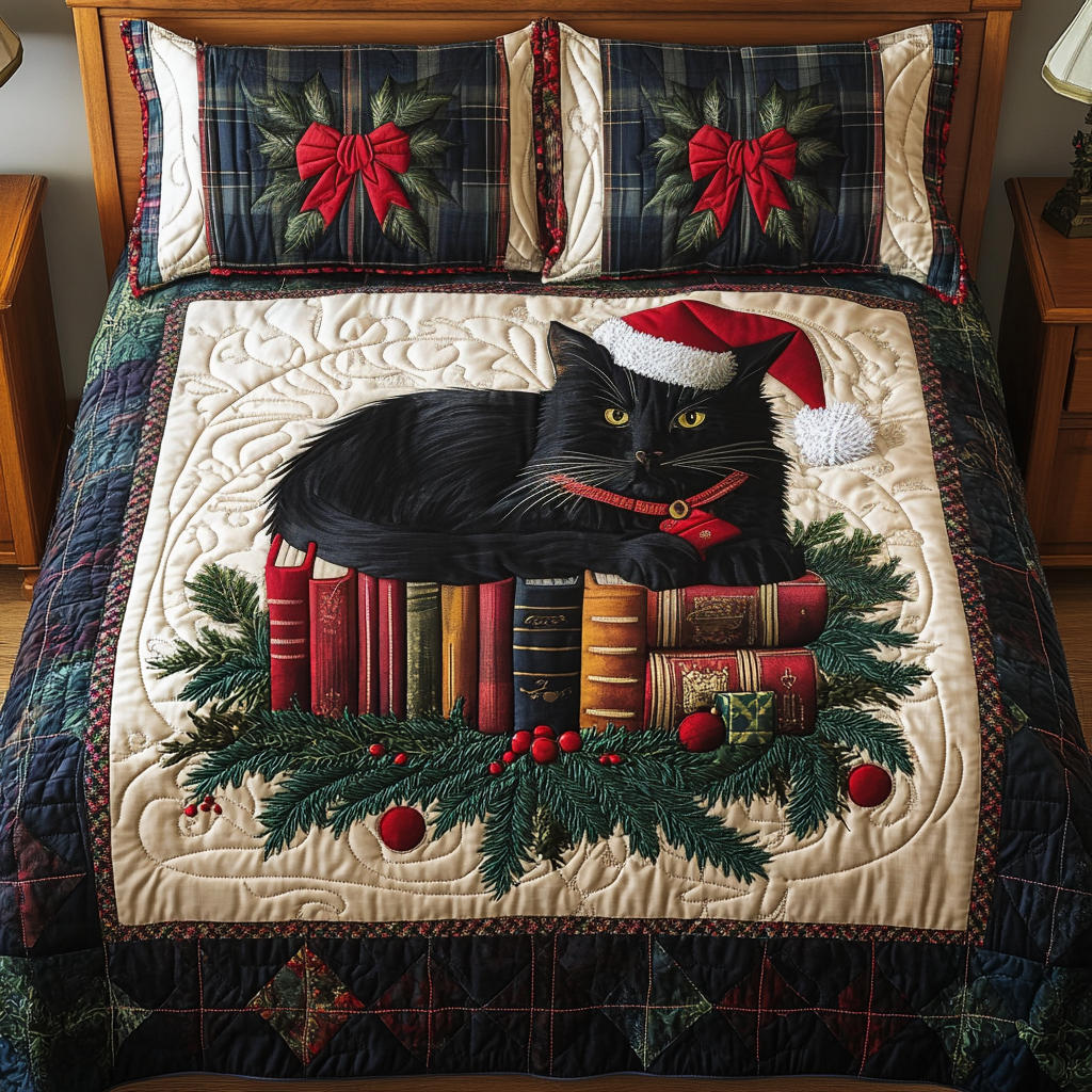 Whiskered Winter Reads 3-Piece Quilted Bedding Set - Single (59" x 70")