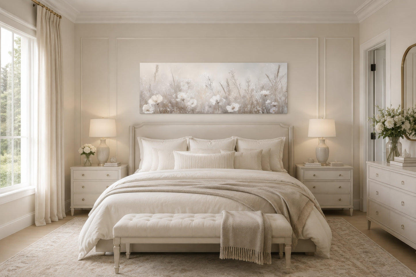 Boho Neutral Wildflowers Field For Farmhouse Above Bed Wall Art