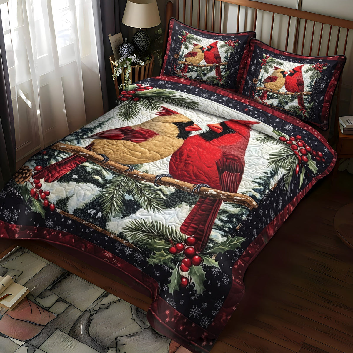 Winter Cardinal Nest Quilted Bedding Set - Single (59" x 70")