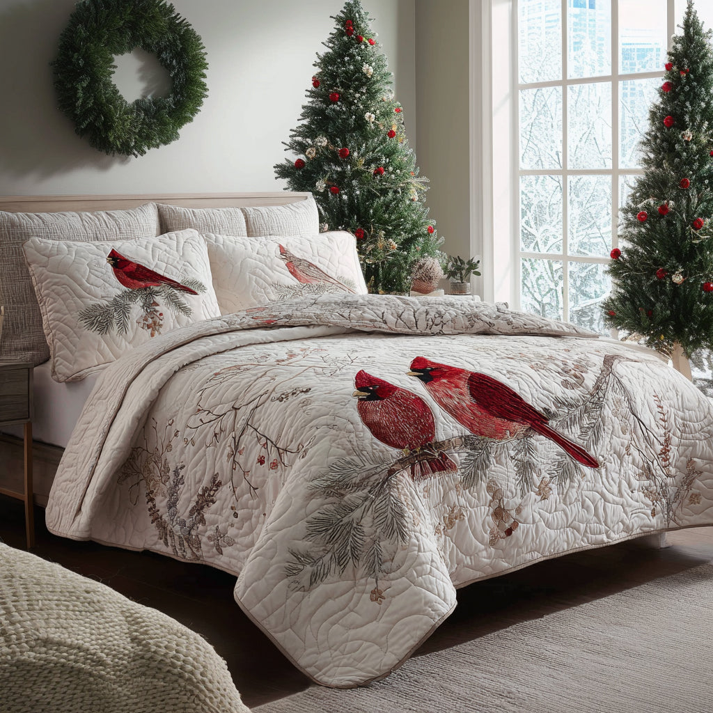 Winter Cardinals 3-Piece Quilted Bedding Set - Single (59" x 70")