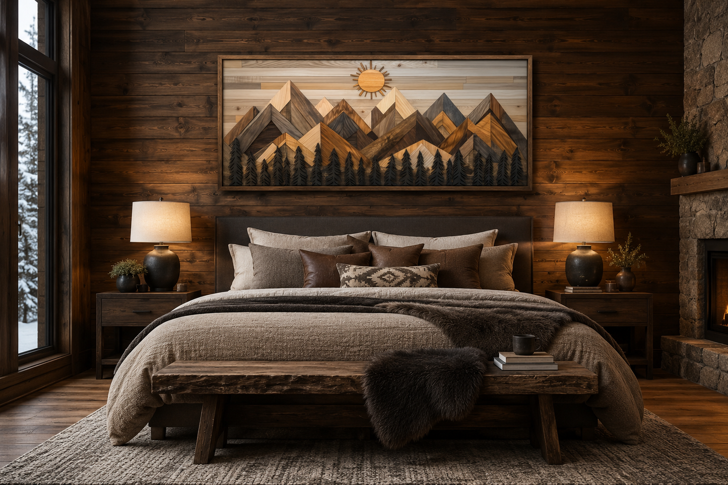 Geometric Wood Mountain and Pine Trees Forest Canvas Wall Art