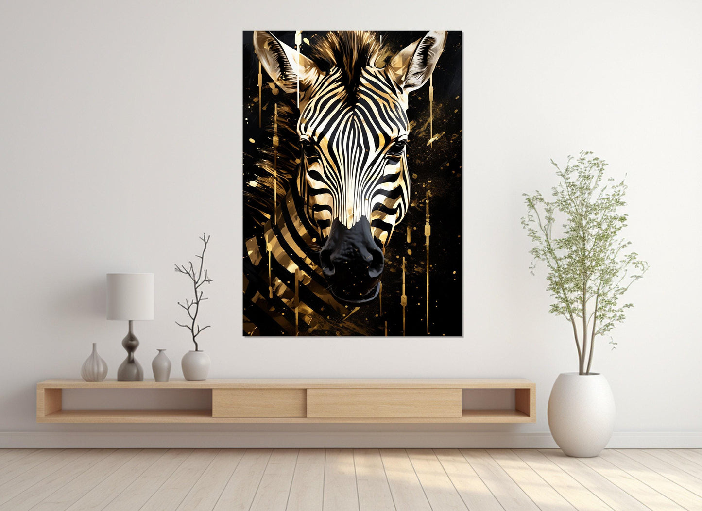 Zebra Canvas Print – Abstract Black Gold Art | Framed Vertical Portrait